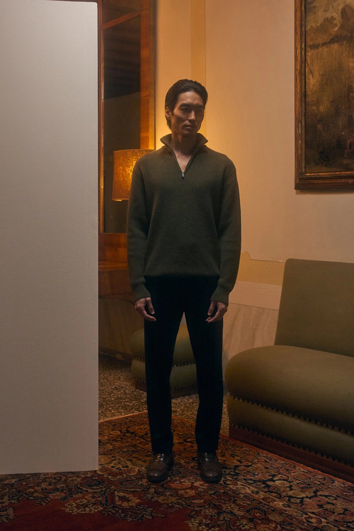 Maglione a collo alto con mezza zip Ibisco Verde Militare