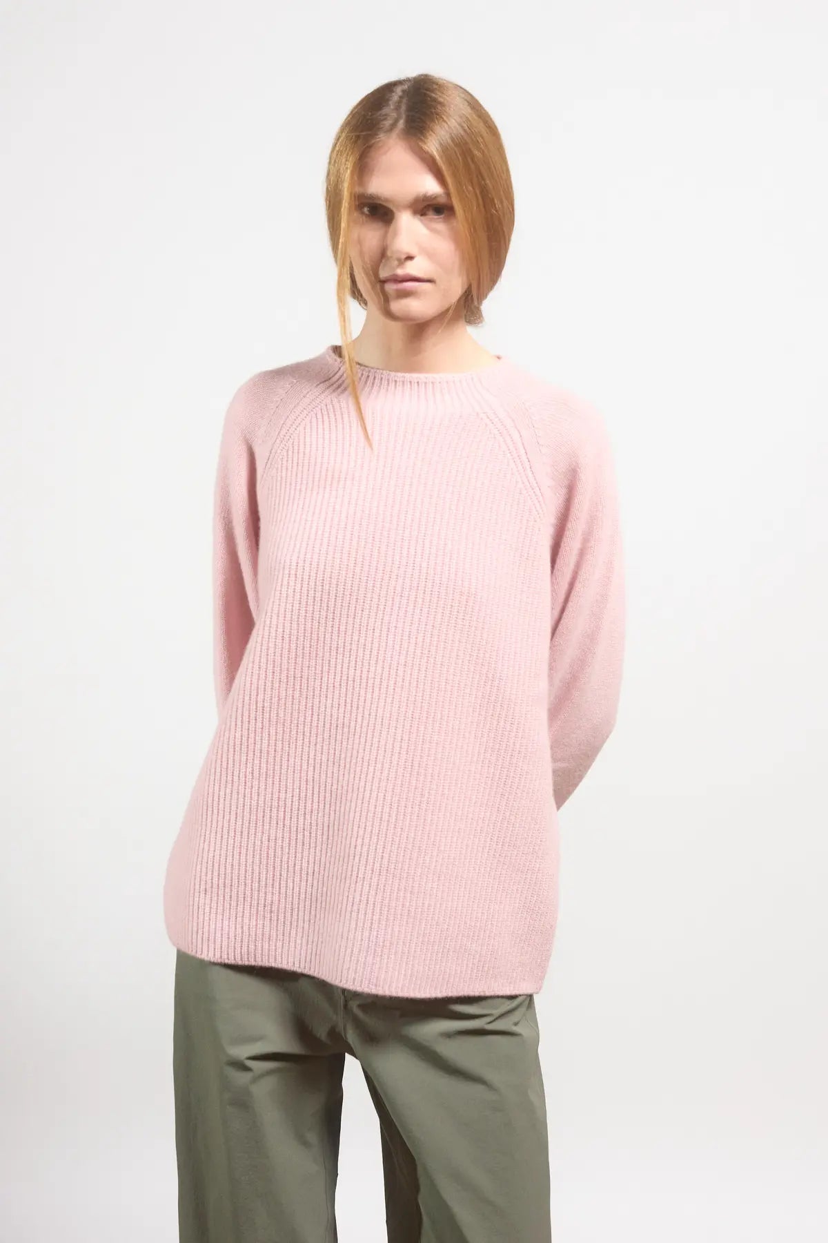 Plain knit sweater w/ English rib Campanula Antique Pink